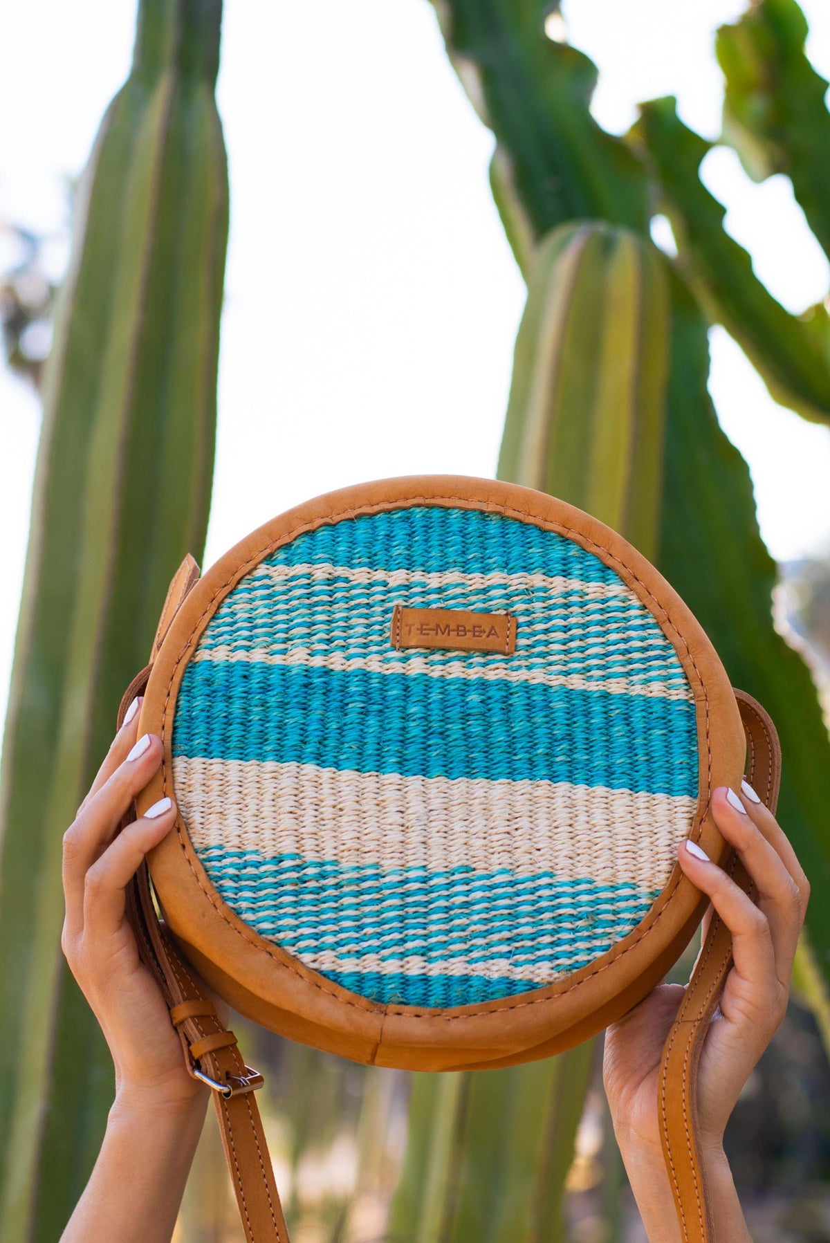 Bolso de Fibras Naturales y piel para mujer color turquesa