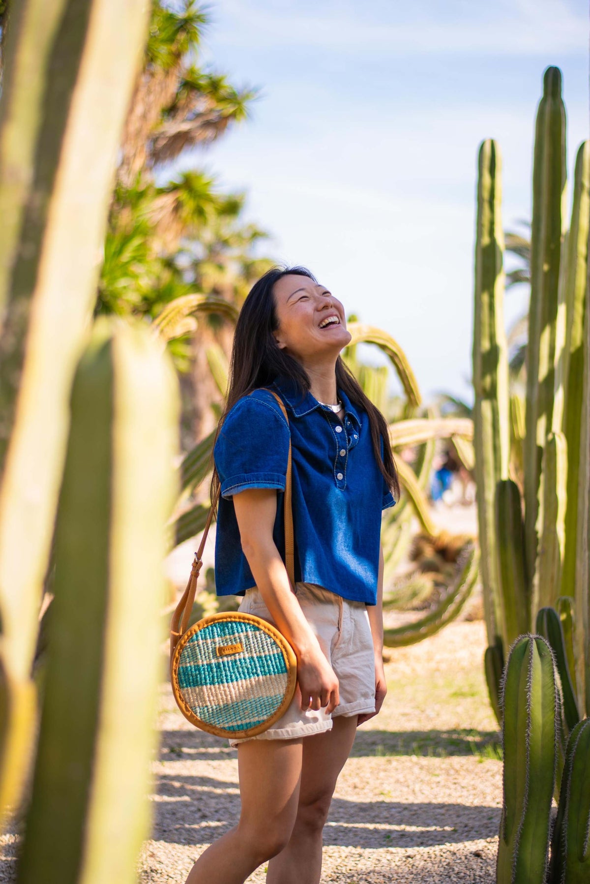 Bolso de Fibras Naturales y piel para mujer color turquesa